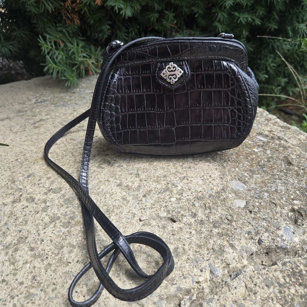 BRIGHTON Vintage Crossbody Leather/Croc embossed Black Bag Lined‎